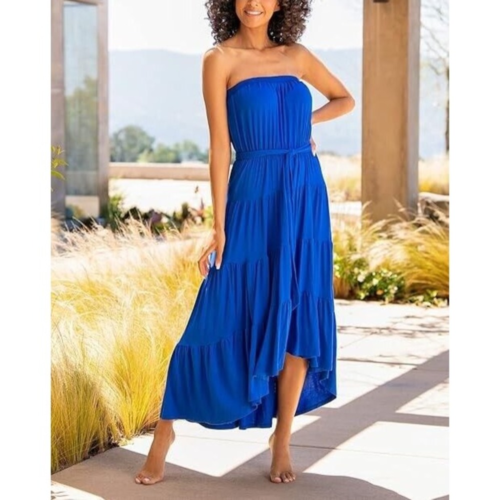 La Blanca Draped Darling Strapless Midi Dress XL Blue Tiered Swimsuit‎ Cover Up